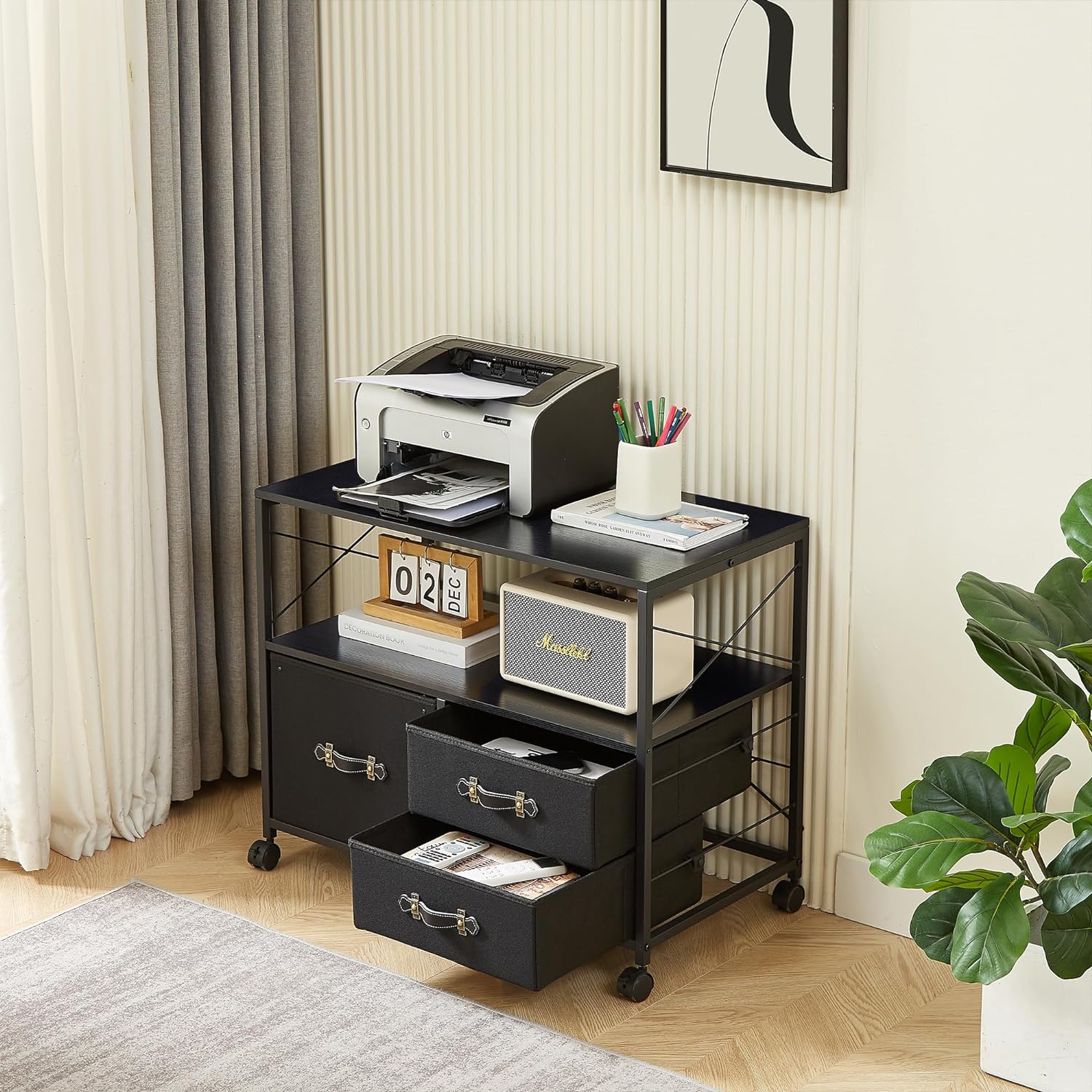 VECELO 3 Drawer Lateral File Cabinet, Rolling Printer Stand with Open Storage Shelf - VECELO