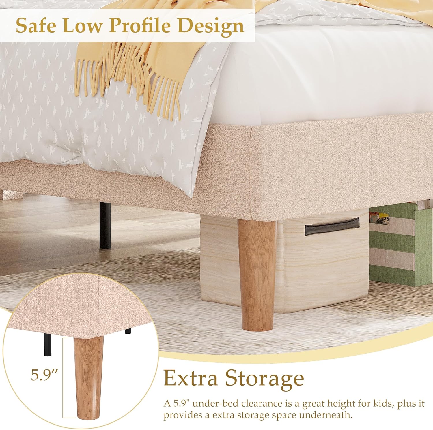 VECELO Twin Size Bed Frame, Upholstered Platform Bedframe with Height Adjustable Plush Fabric Headboard