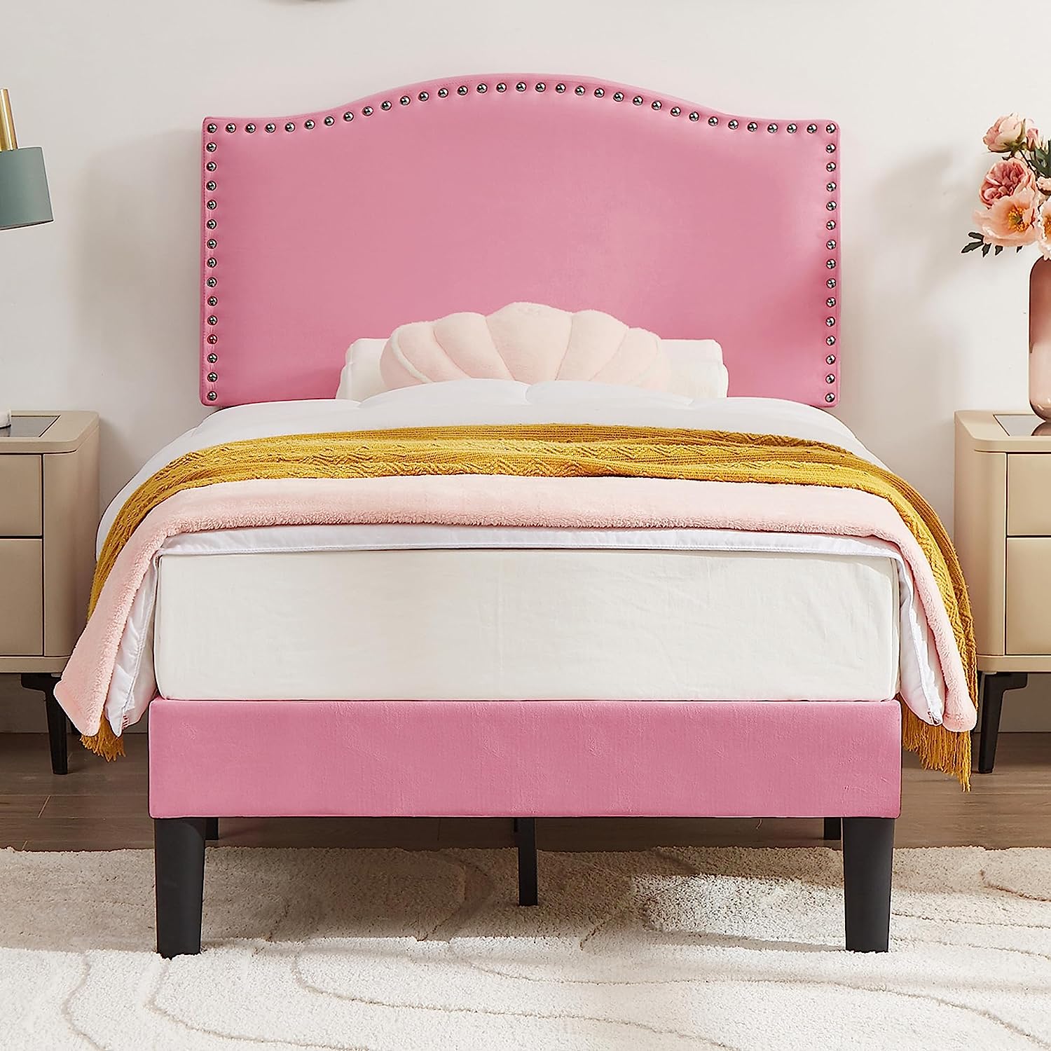 VECELO Bed Frame Platform with Upholstered Headboard & Wooden Slats Support - VECELO