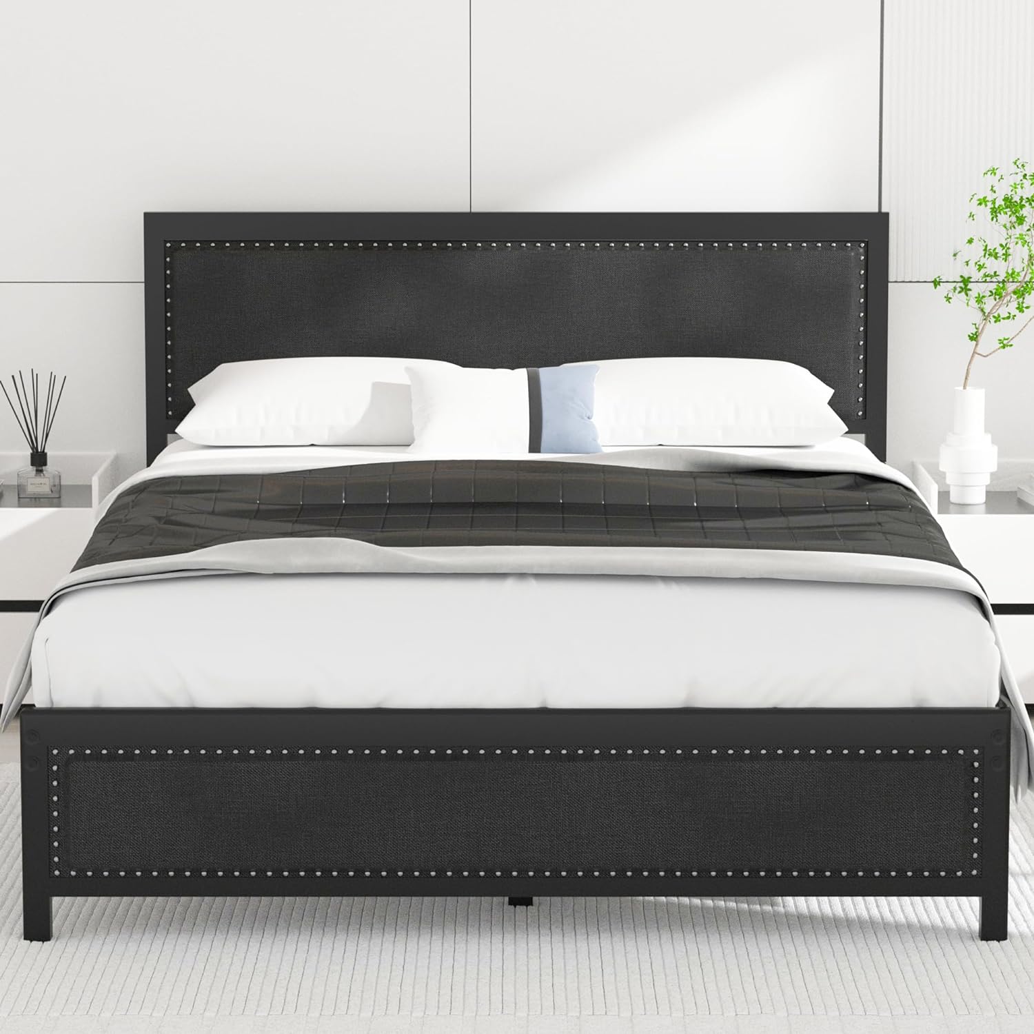 VECELO Bed Frame with Linen Fabric Headboard and Footboard No Box Spring Needed - VECELO