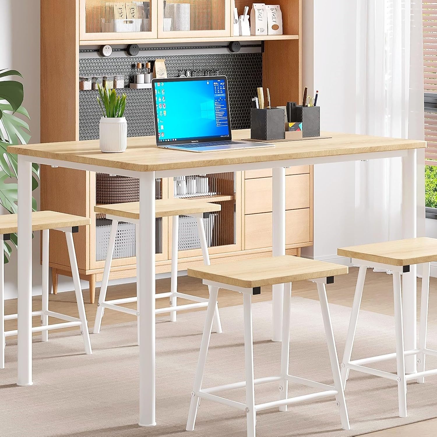 VECELO 5-Piece Dining Table Set Metal and Wood Kitchen Furniture with 4 Stools - VECELO