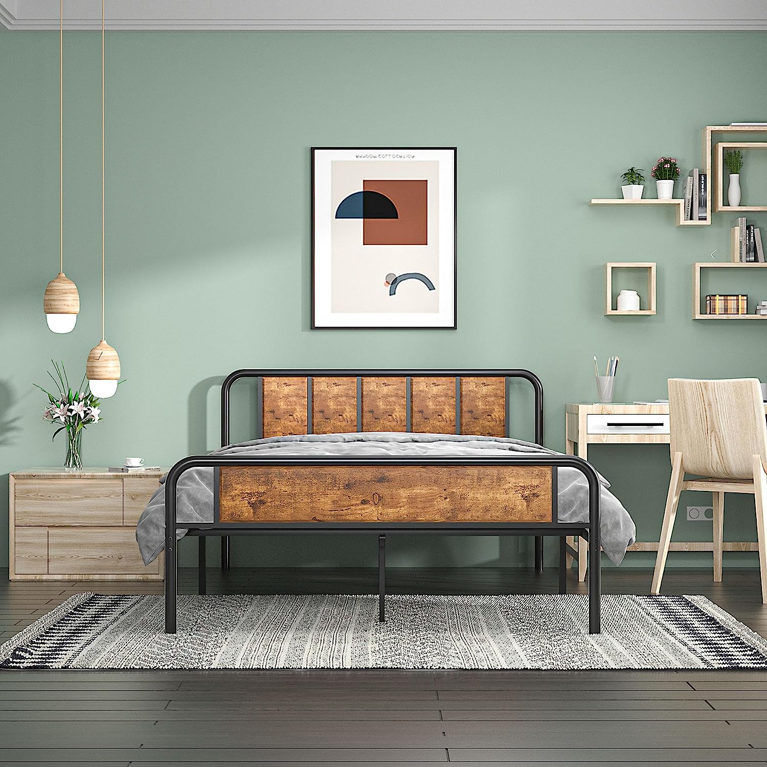 VECELO Bed Frame Metal Platform with Wooden Headboard Footboard Heavy Duty Mattress Foundation - VECELO