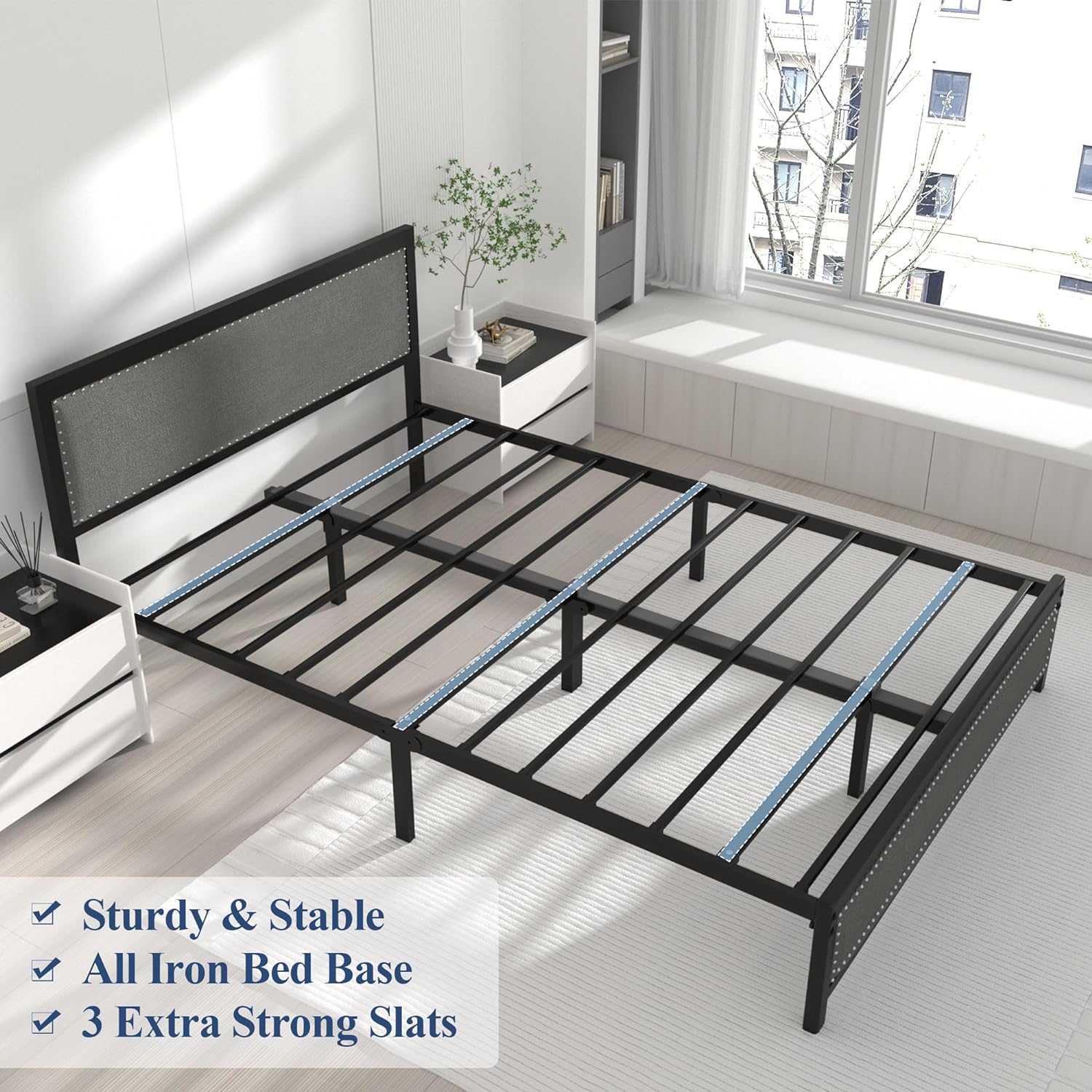 VECELO Bed Frame with Linen Fabric Headboard and Footboard No Box Spring Needed - VECELO