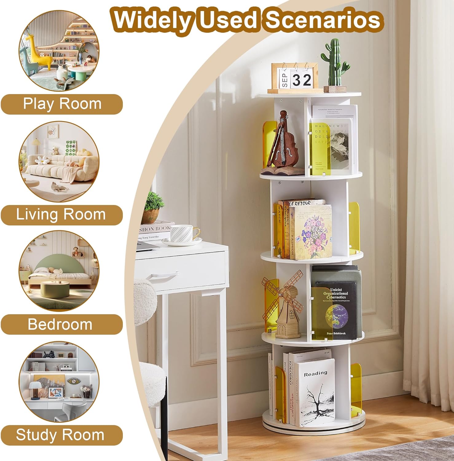 VECELO Rotating Bookshelf with Acrylic Display Window Partition