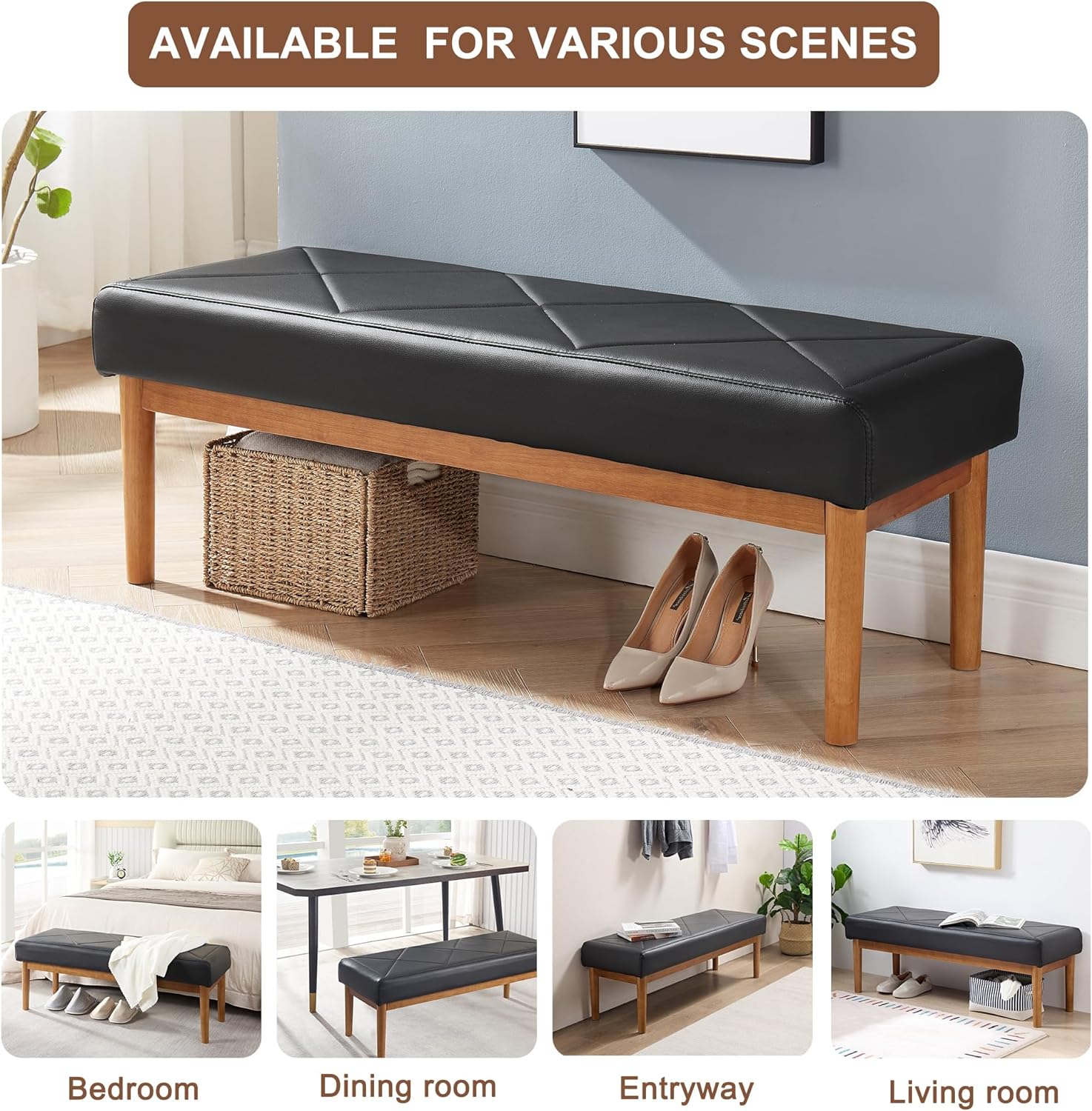 VECELO 44.5”Upholstered Entryway Bench Dining Table Ottoman Seats with Solid Wood Legs - VECELO