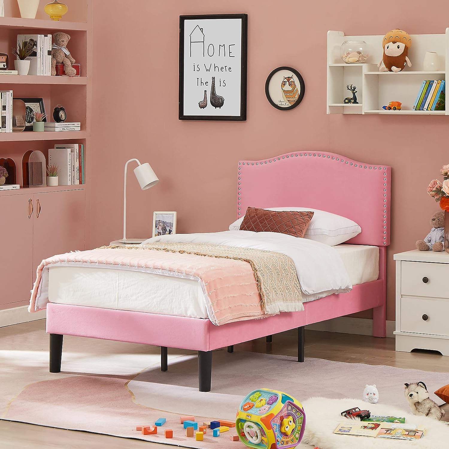 VECELO Bed Frame Platform with Upholstered Headboard & Wooden Slats Support - VECELO