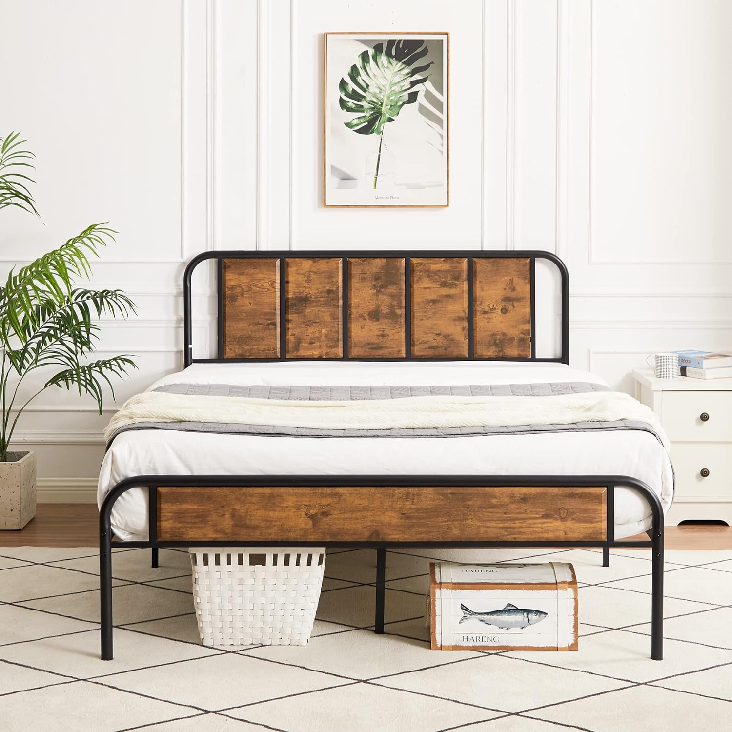 VECELO Bed Frame Metal Platform with Wooden Headboard Footboard Heavy Duty Mattress Foundation - VECELO