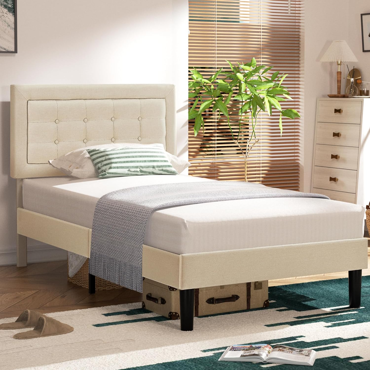 VECELO Upholstered Platform Bed Frame with Height Adjustable Headboard