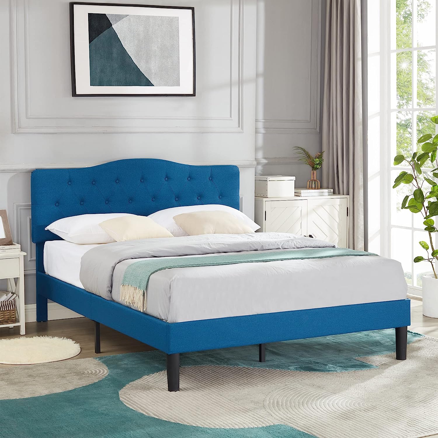 VECELO Classic Upholstered Platform Bed Frame with Diamond Stitched Cloth - VECELO