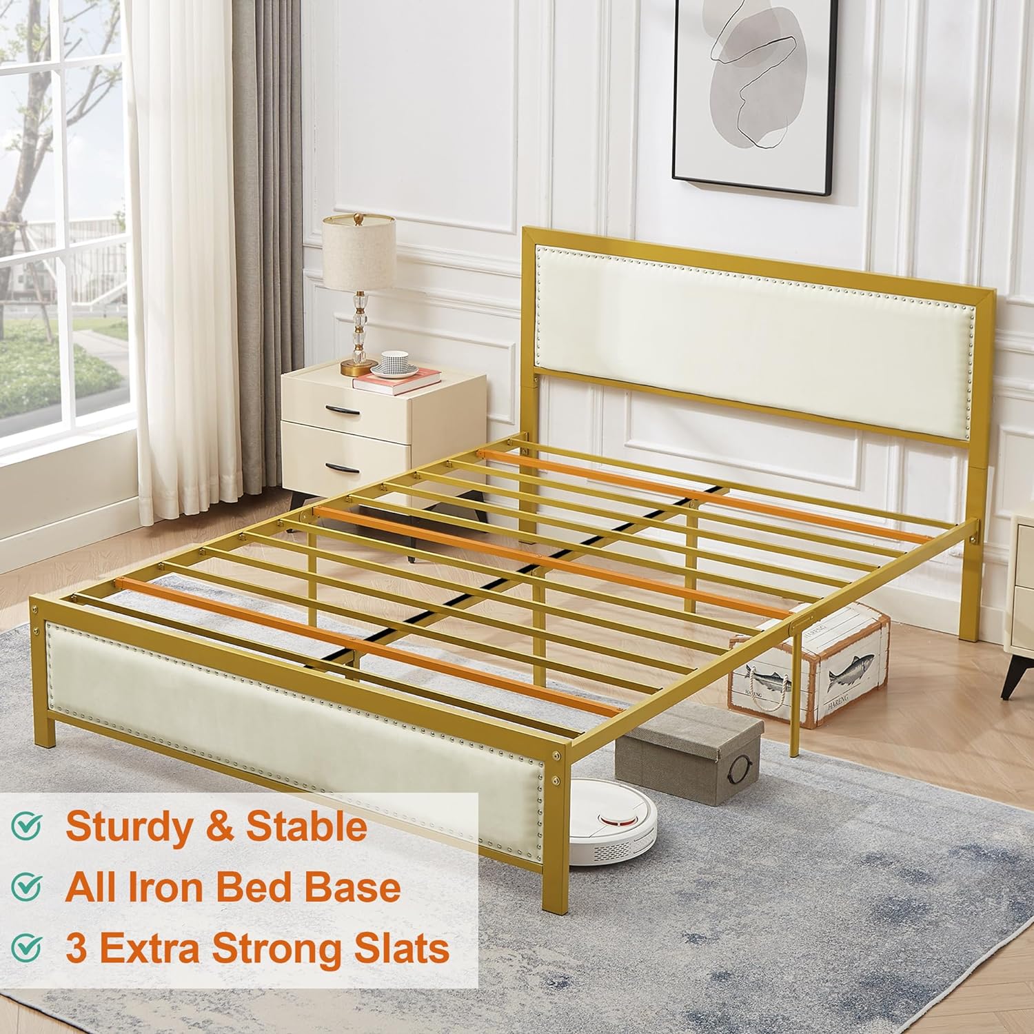 VECELO Bed Frame with Linen Fabric Headboard and Footboard No Box Spring Needed - VECELO