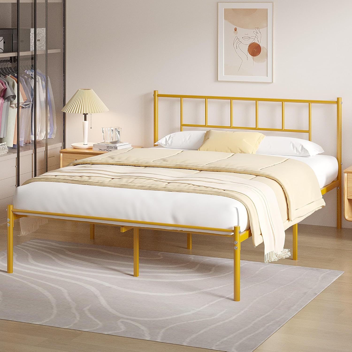 VECELO Bed Frame, 14 Inch Metal Platform with Headboard, Heavy Duty Steel Slat Support - VECELO