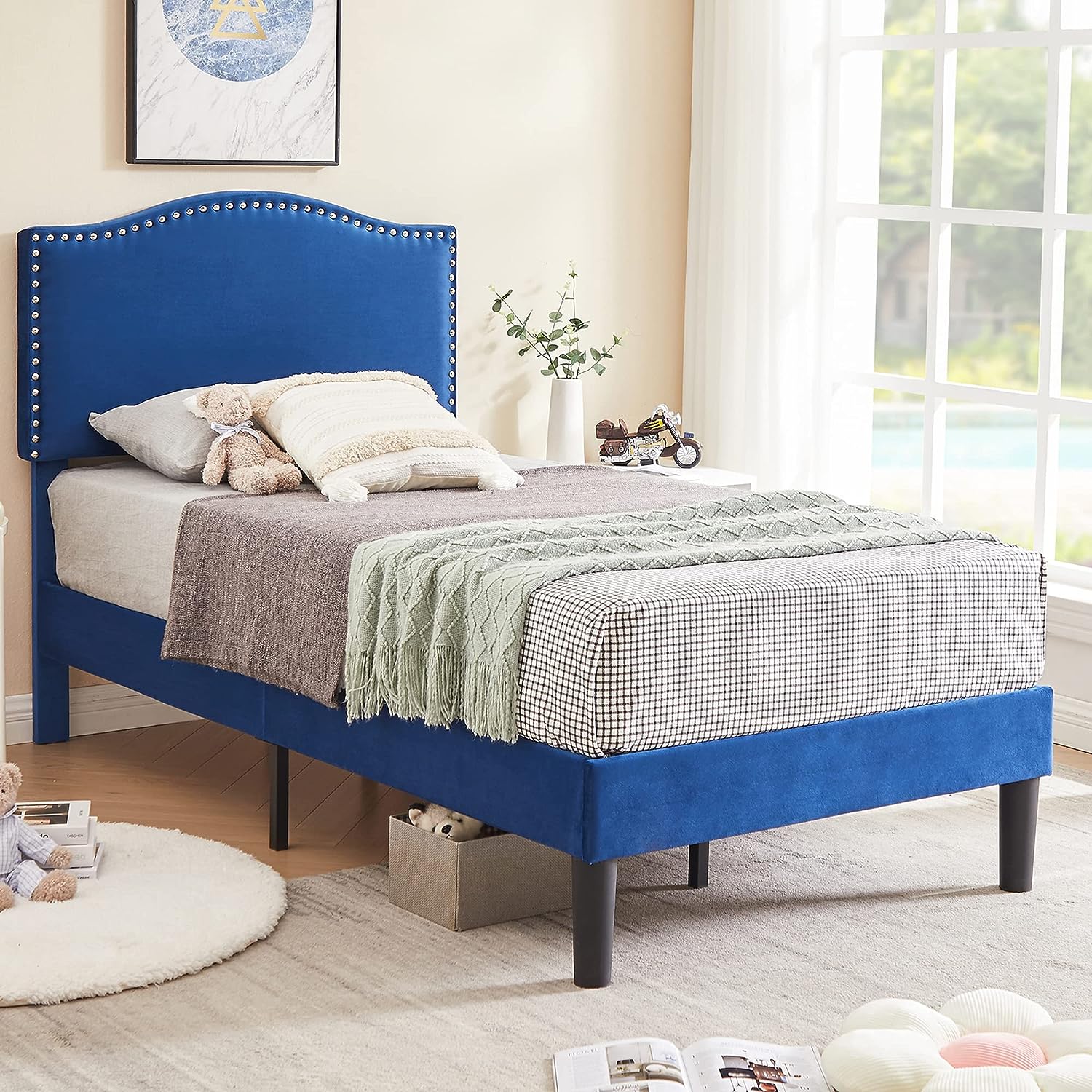 VECELO Bed Frame Platform with Upholstered Headboard & Wooden Slats Support - VECELO