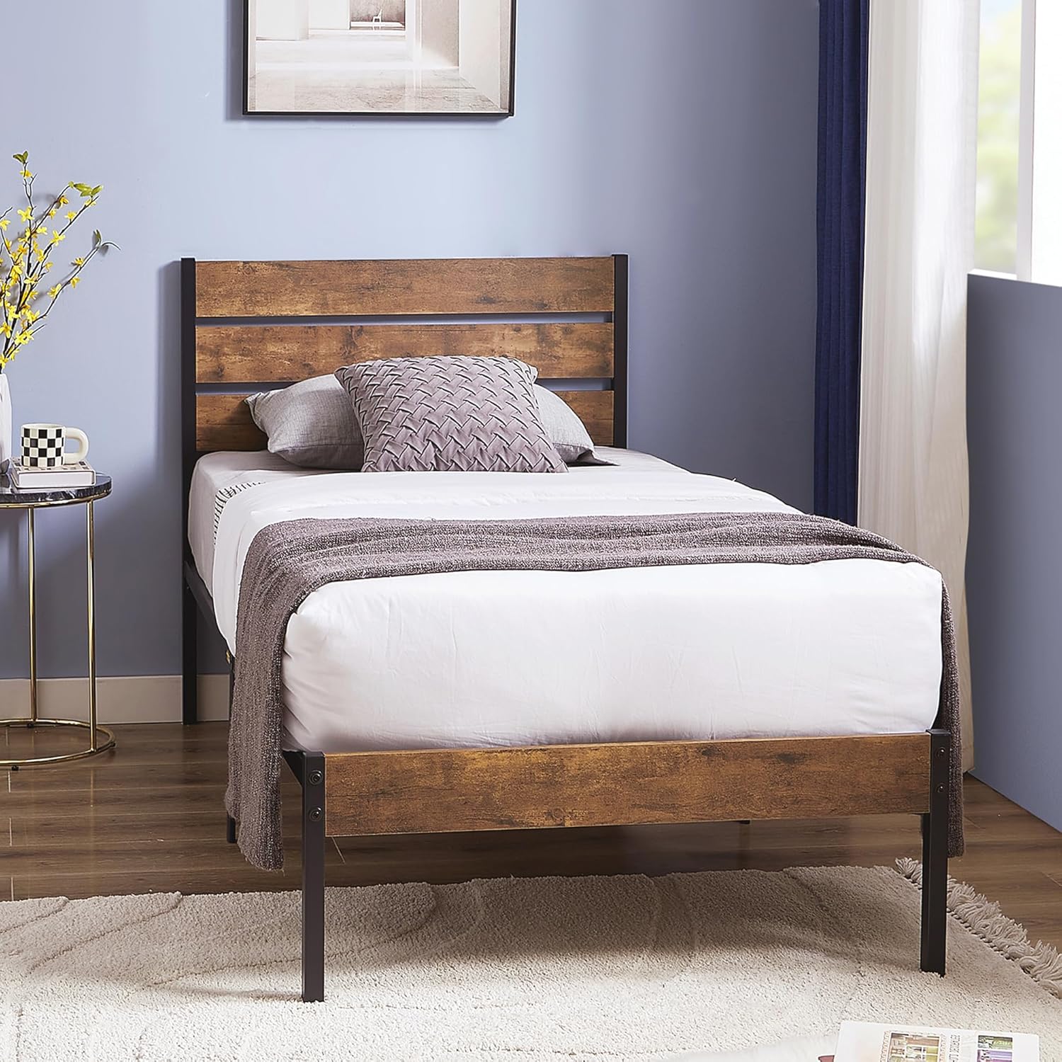 VECELO Platform Bed Frame with Rustic Vintage Wood Headboard/Strong Metal Slats Support