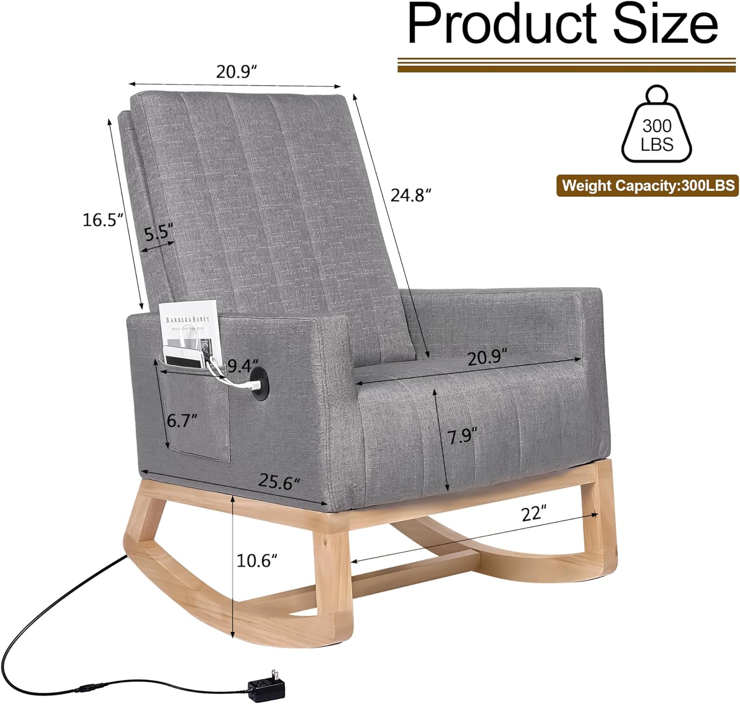 VECELO Rocking Chair Upholstered Nursery Glider Rocker High Backrest Comfy Armchair with Side Pocket and USB Port