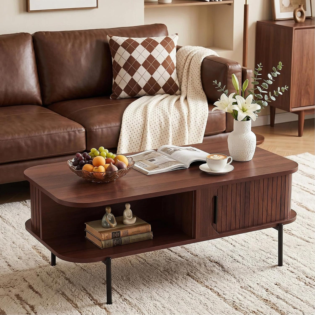 VECELO Coffee Table,40" Mid Century Coffee Tables with Open Storage Shelf