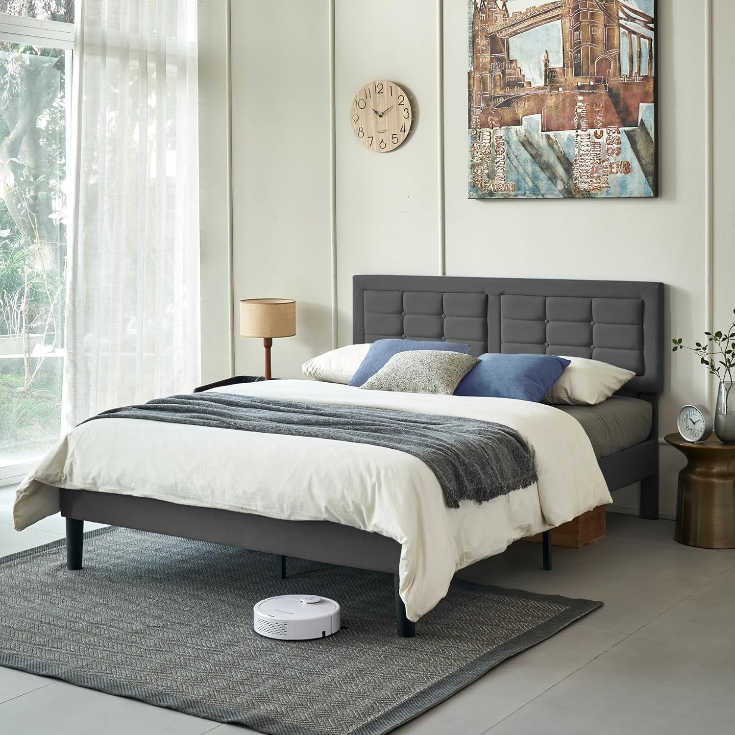 VECELO Upholstered Platform Bed Frame with Height Adjustable Headboard