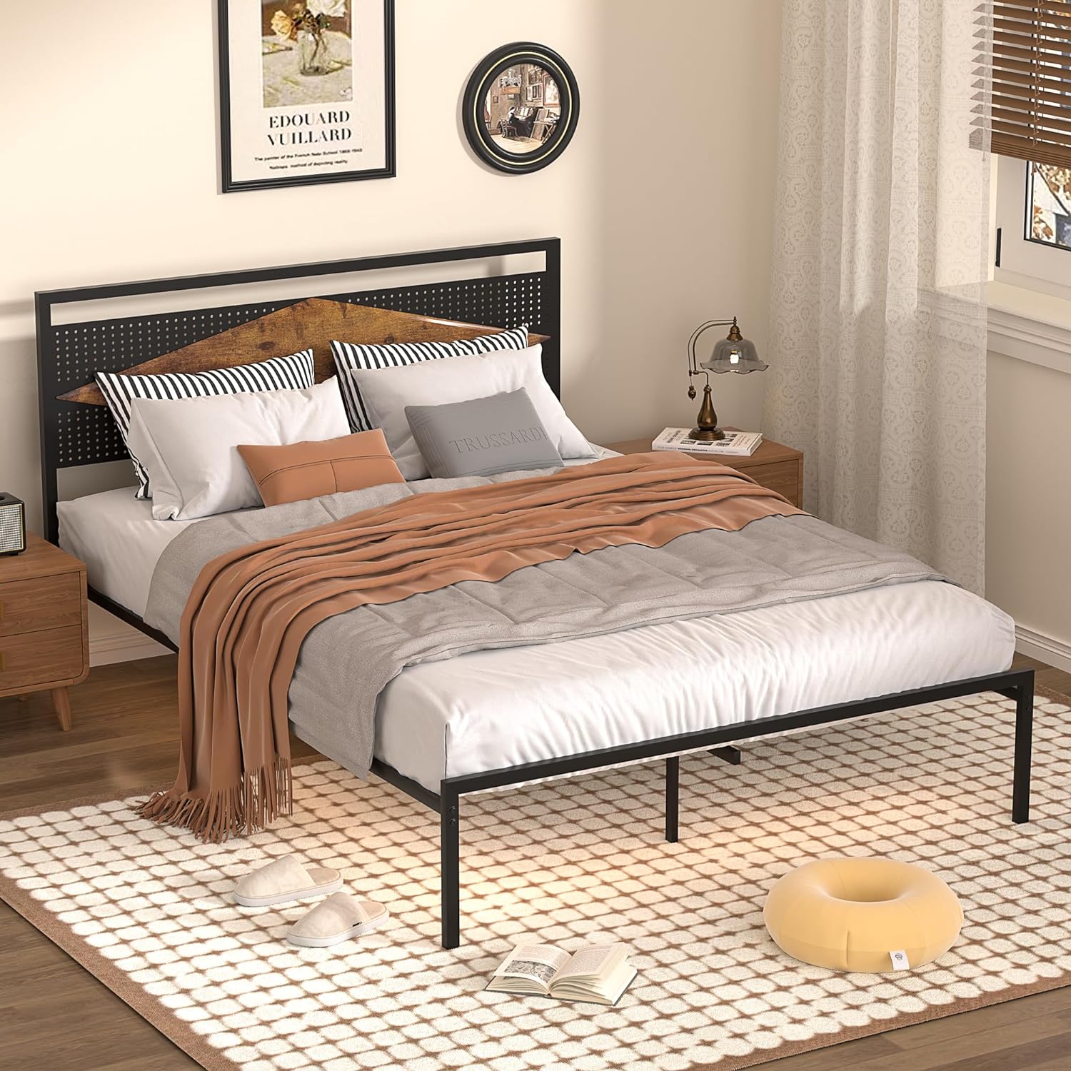 VECELO Metal Bed Frame Platform with Wood Grain Headboard&Footboard