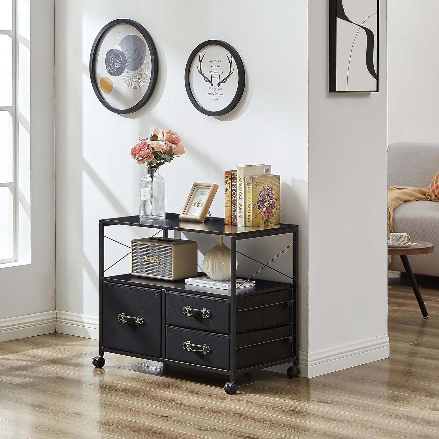 VECELO 3 Drawer Lateral File Cabinet, Rolling Printer Stand with Open Storage Shelf - VECELO