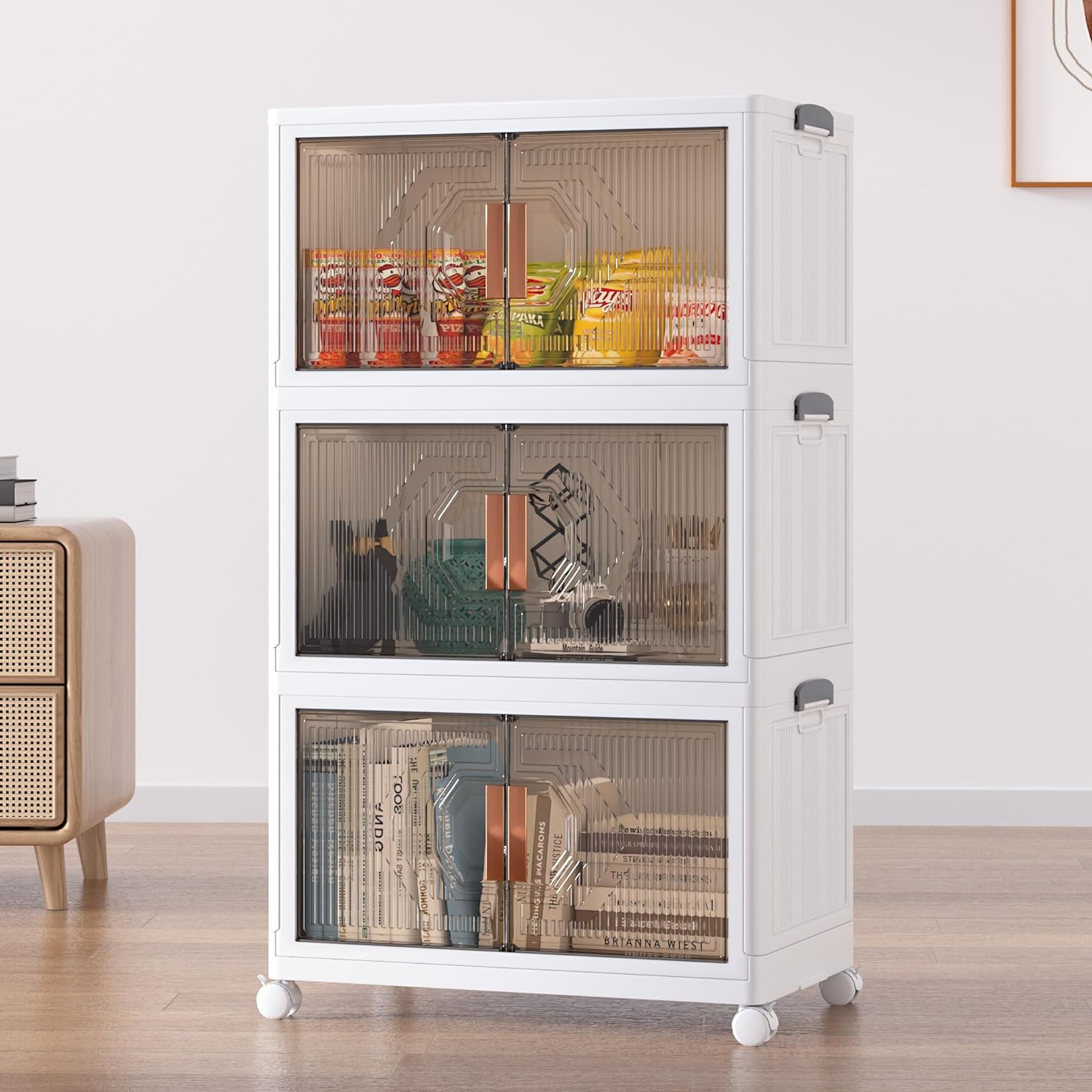 VECELO 3 Pack Plastic Foldable Stackable Storage Bin Double Door 19 Gal Closet Organizers and Storage with Lids and Wheels - VECELO