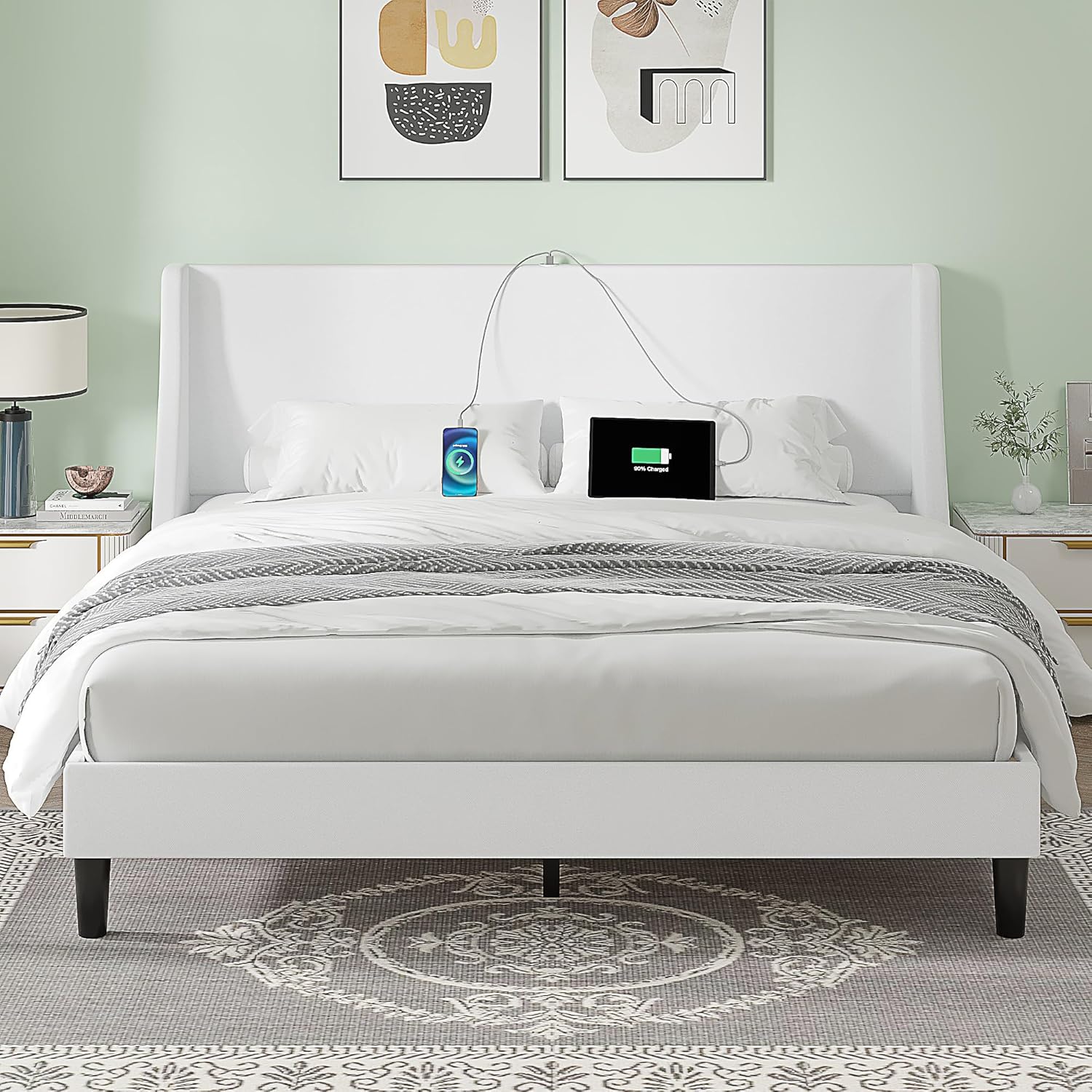 VECELO Bed Frame with Upholstered Wingback Headboard