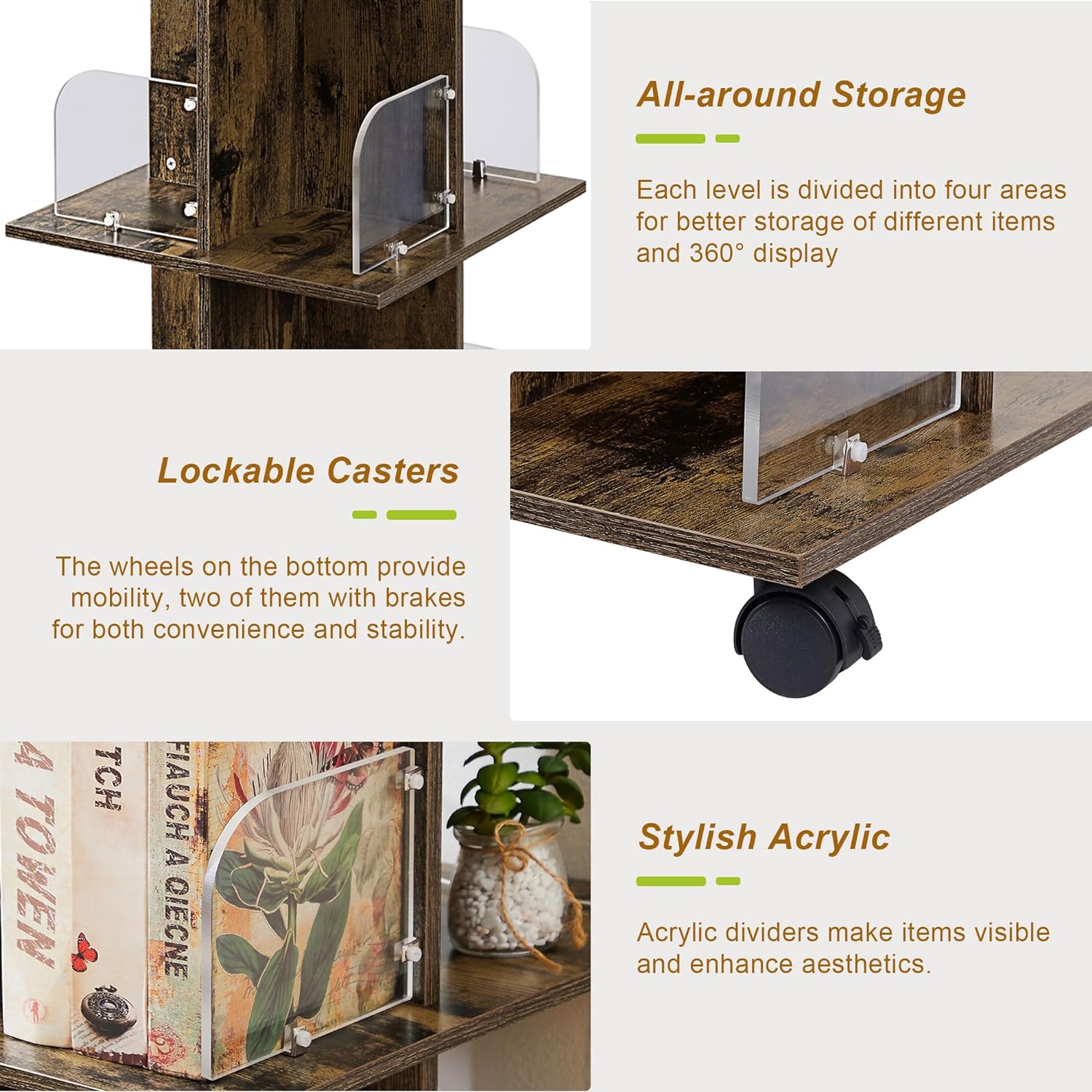 VECELO 4 Tier Rotating Bookshelf Tower,360° Corner Display Shelf with Wheels - VECELO