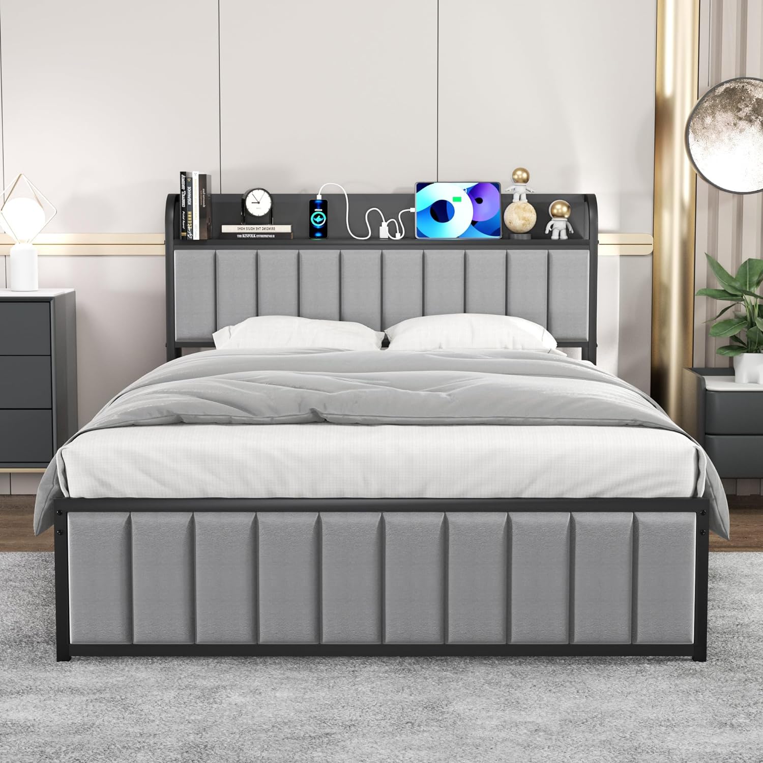 VECELO Bed Frame with Storage, Upholstered Platform Bedframe with Headboard - VECELO