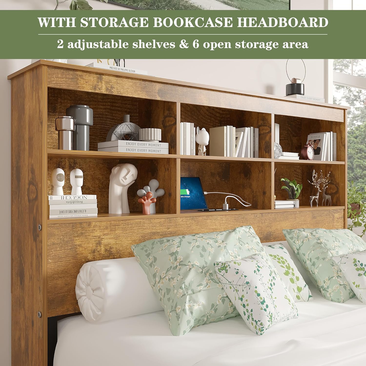 VECELO Queen Size Bed Frame with 50" Tall Storage Bookcase Headboard