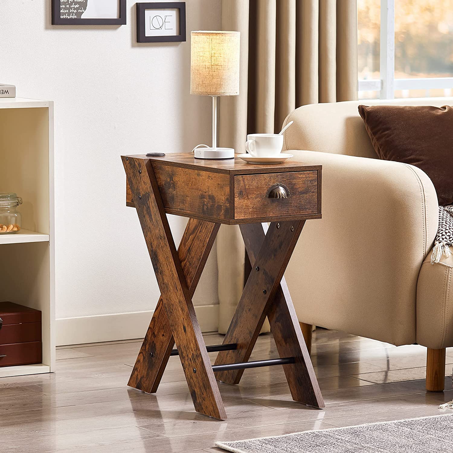 VECELO End Side Table with Charging Station Narrow Nightstand with Drawer& USB Ports