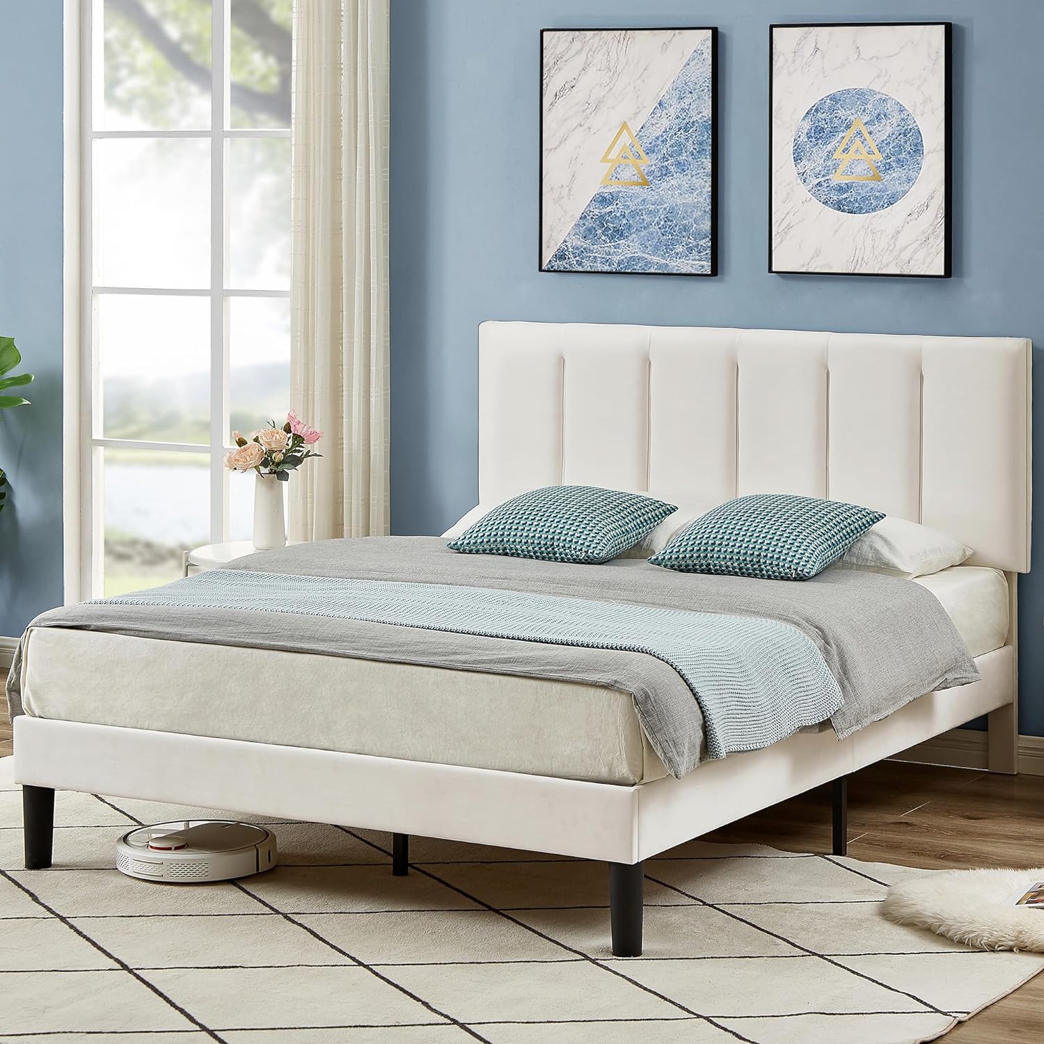 VECELO Modern Upholstered Platform Bedframe, Adjustable Headboard