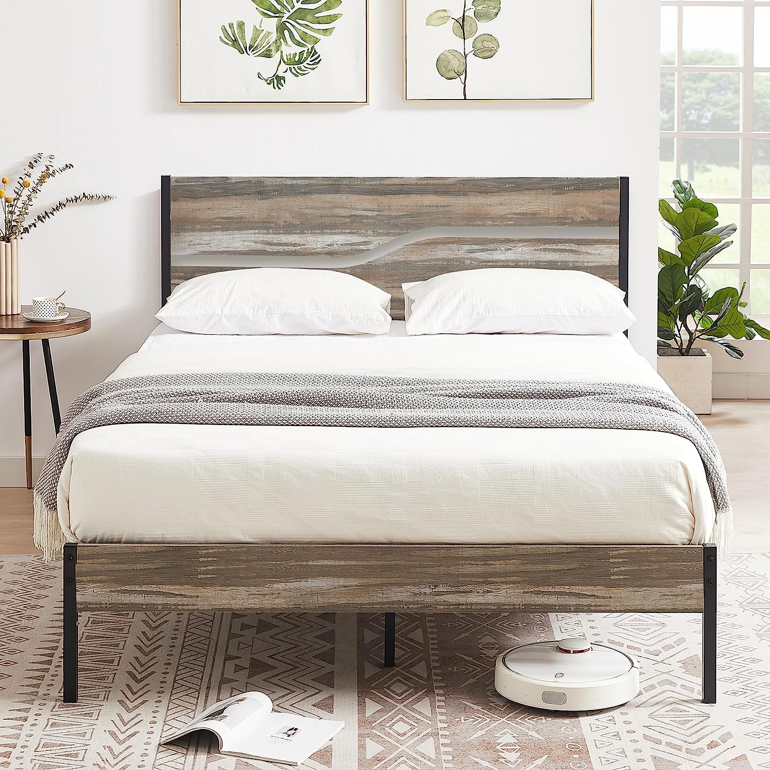 VECELO Platform Bed Frame/Mattress Foundation with Rustic Vintage Wood Headboard
