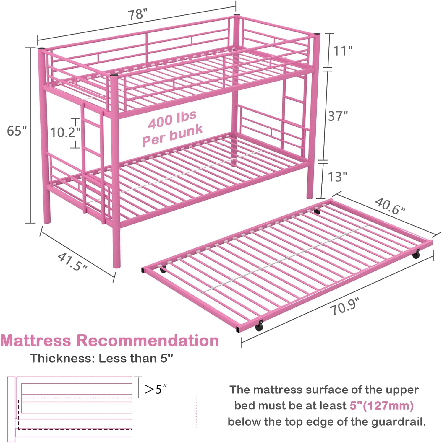VECELO Bunk Bed Twin Over Twin with Trundle, Metal Bunkbeds with Ladder and Full-Length Guardrail - VECELO