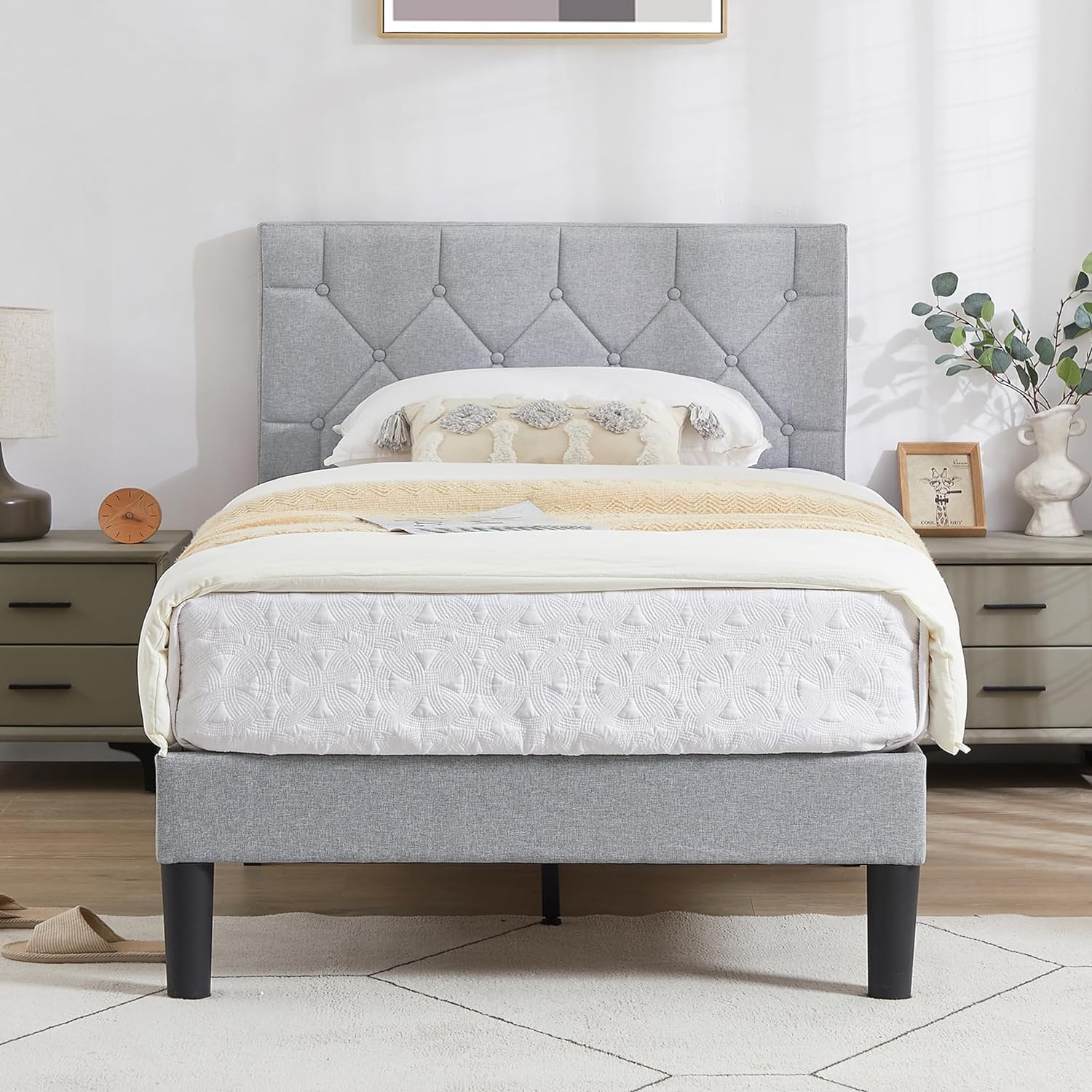 VECELO Bed Frame, Upholstered Platform with Adjustable Diamond Tufted Headboard