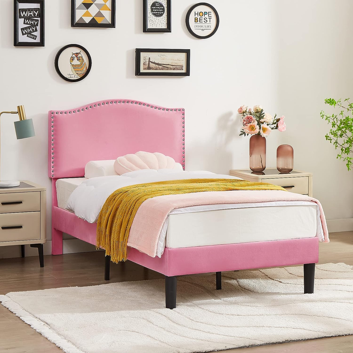 VECELO Bed Frame Platform with Upholstered Headboard & Wooden Slats Support - VECELO