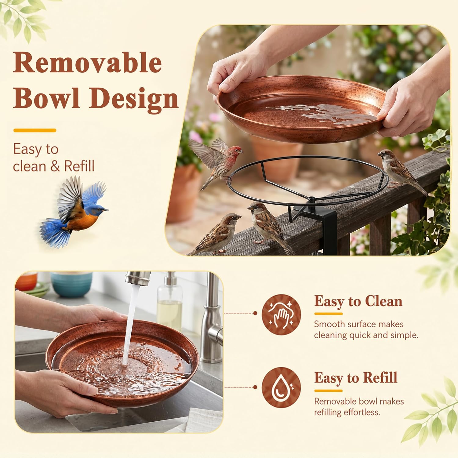 VECELO Deck Mounted Metal Bird Bath for Outside