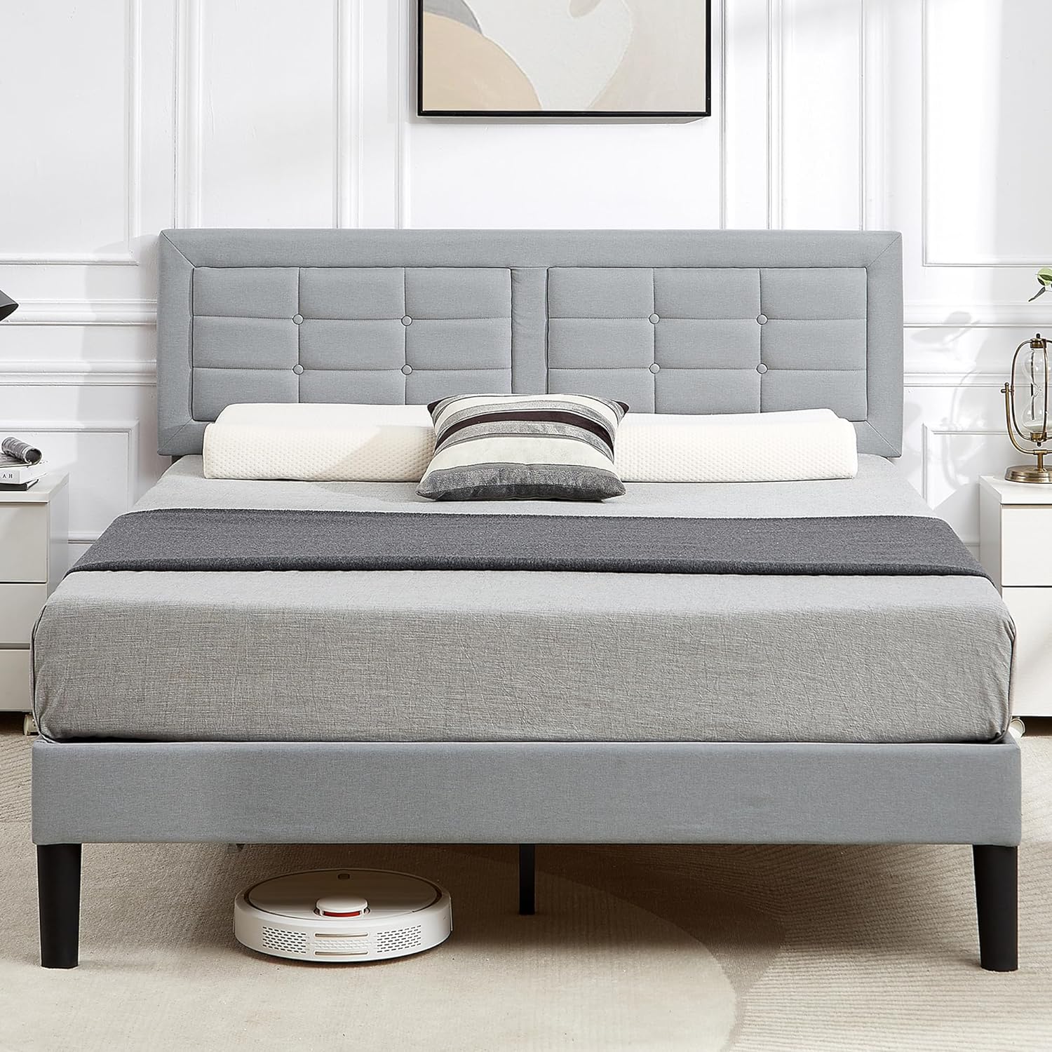 VECELO Upholstered Platform Bed Frame with Height Adjustable Headboard