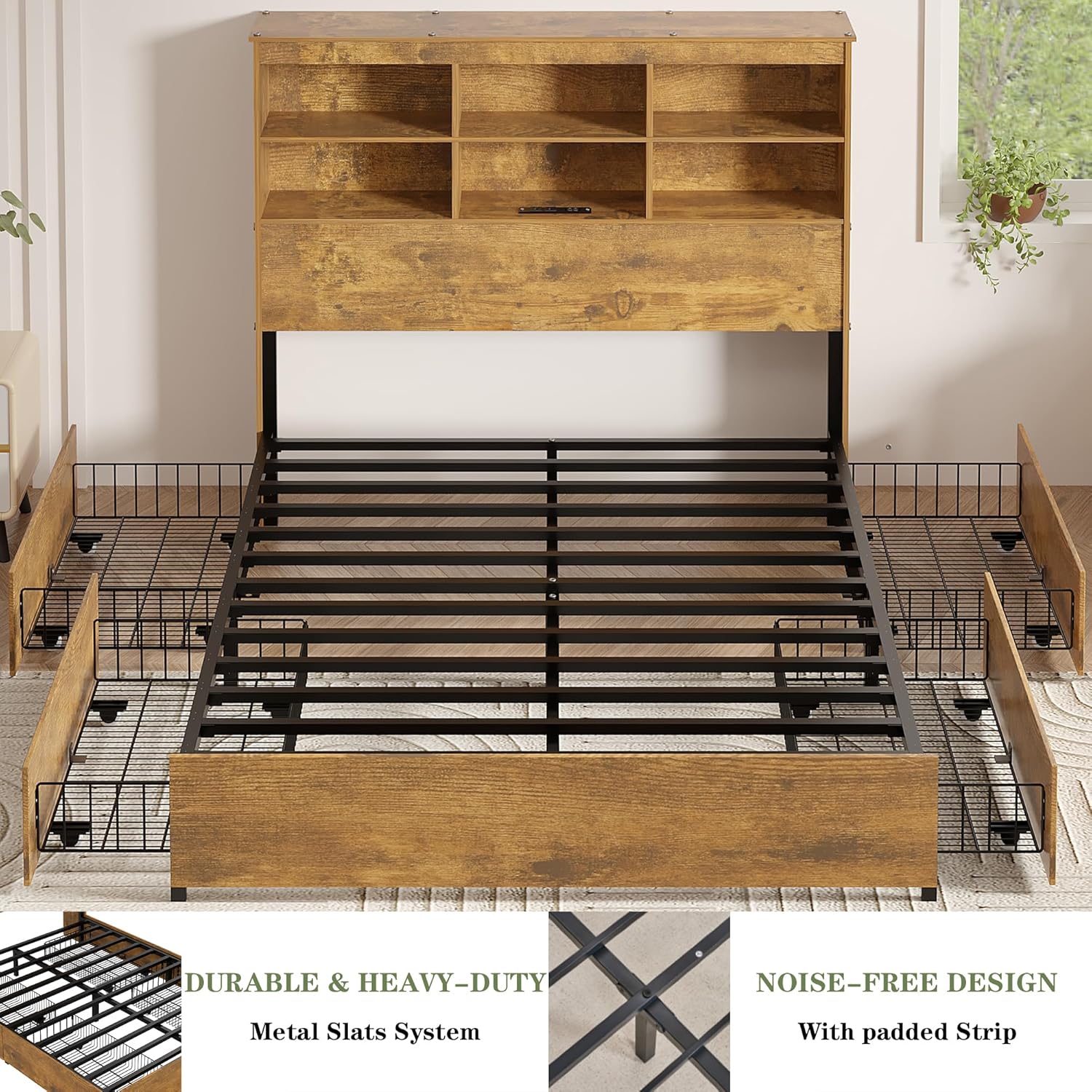 VECELO Queen Size Bed Frame with 50" Tall Storage Bookcase Headboard