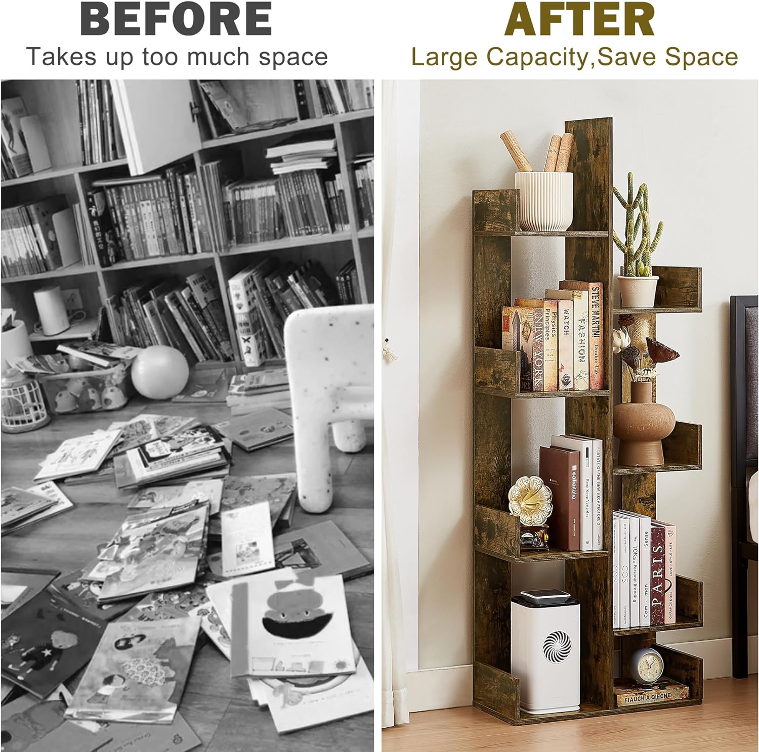 VECELO Tree Bookshelf, Geometric 8 Shelf Tree Bookcase Wood Bookshelves Display