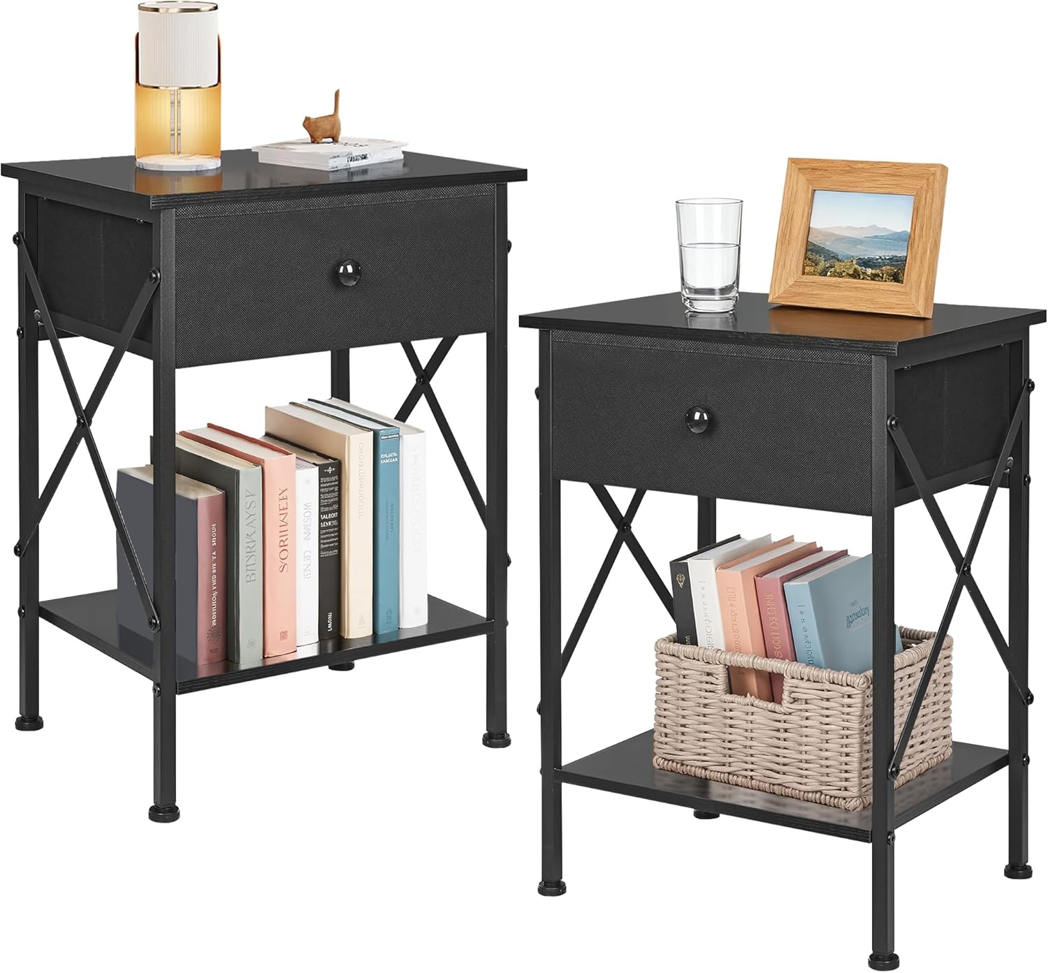 VECELO Nightstand Set of 2, X-Design End Side Table with Fabric Storage Drawer and Open Shelf