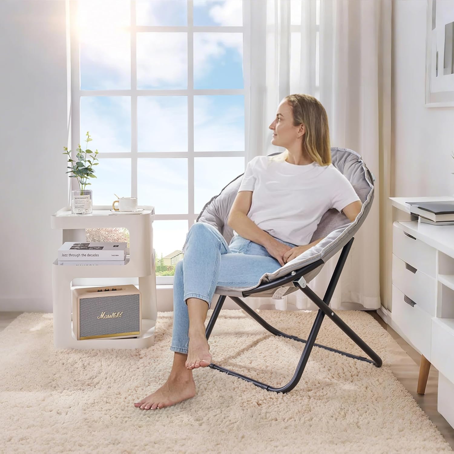 VECELO Saucer Chair for Adults, Folding Moon Chair with Metal Frame