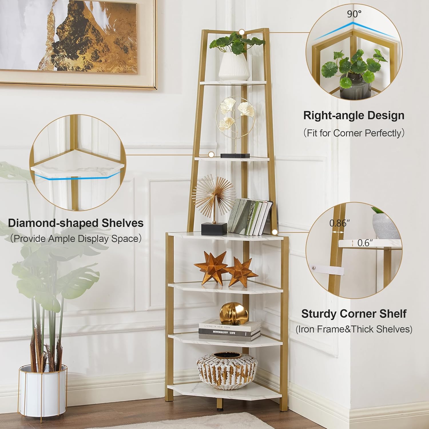 VECELO 6 Tier Corner Shelf, 69 Inch Industrial Bookshelf/Storage Stand with Metal Frame - VECELO