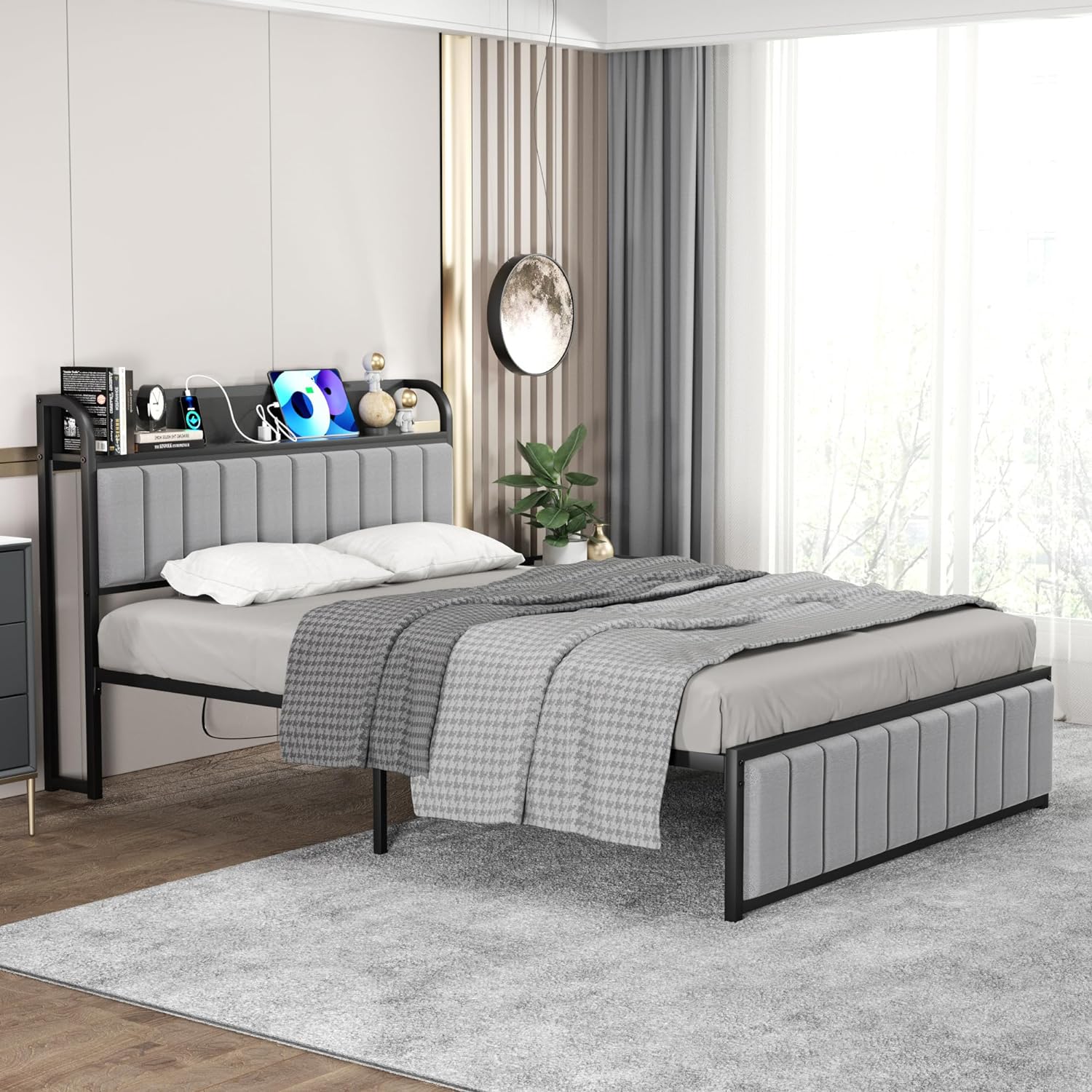 VECELO Bed Frame with Storage, Upholstered Platform Bedframe with Headboard - VECELO