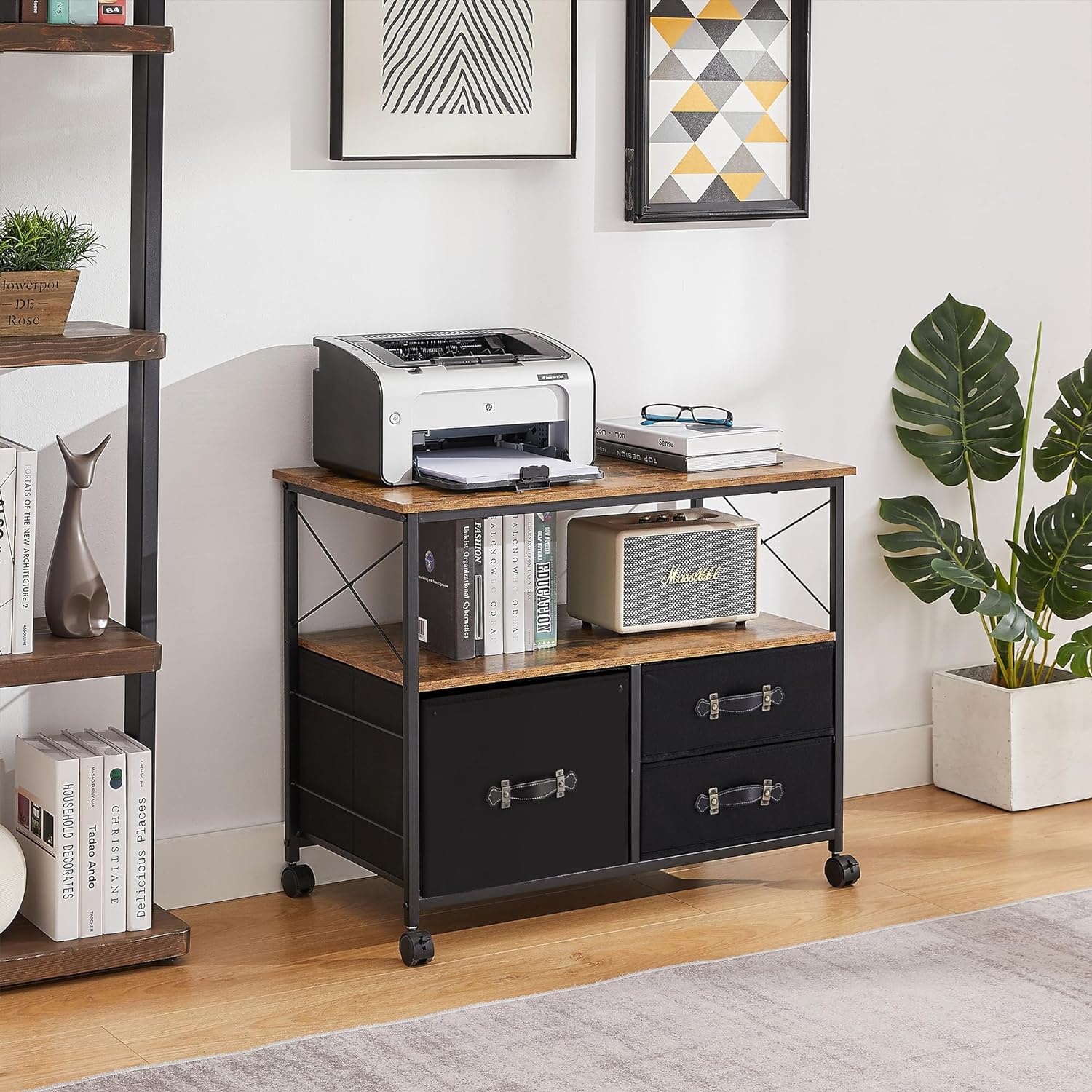 VECELO 3 Drawer Lateral File Cabinet, Rolling Printer Stand with Open Storage Shelf - VECELO