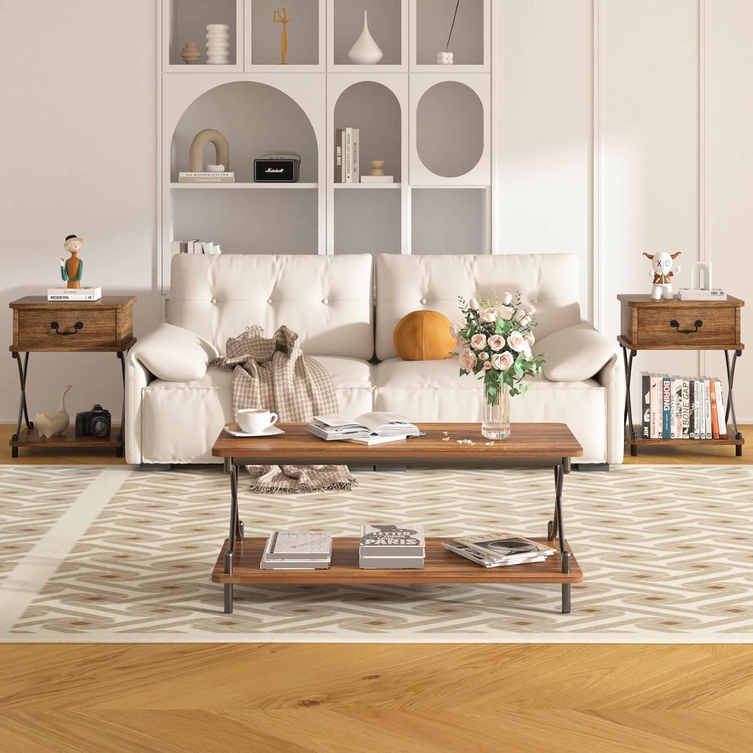 VECELO 39-Inch Coffee Table with Storage and Open Shelves - VECELO