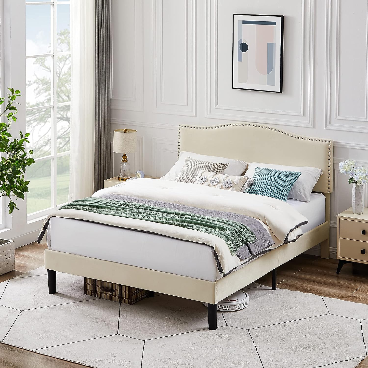 VECELO Bed Frame Platform with Upholstered Headboard & Wooden Slats Support - VECELO