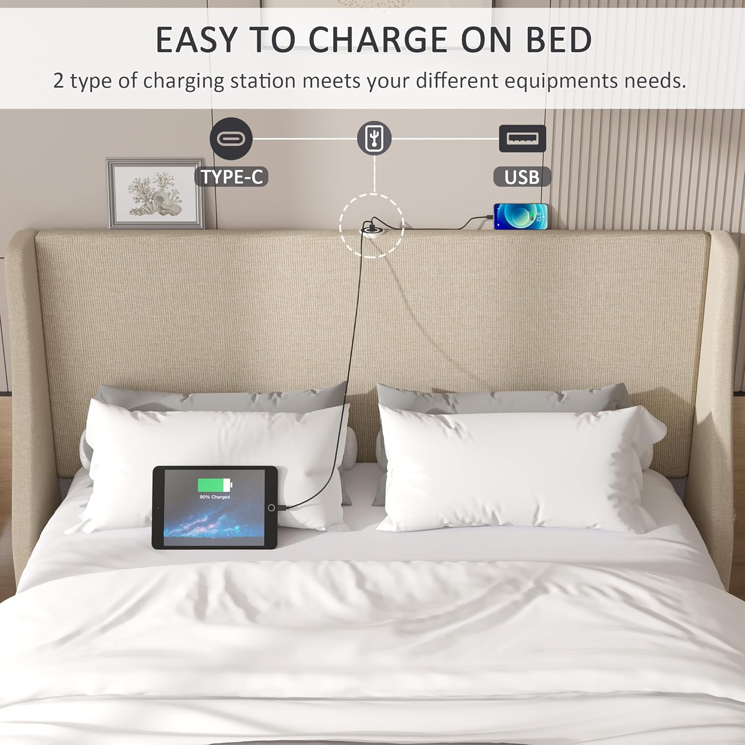 VECELO Bed Frame with Upholstered Wingback Headboard