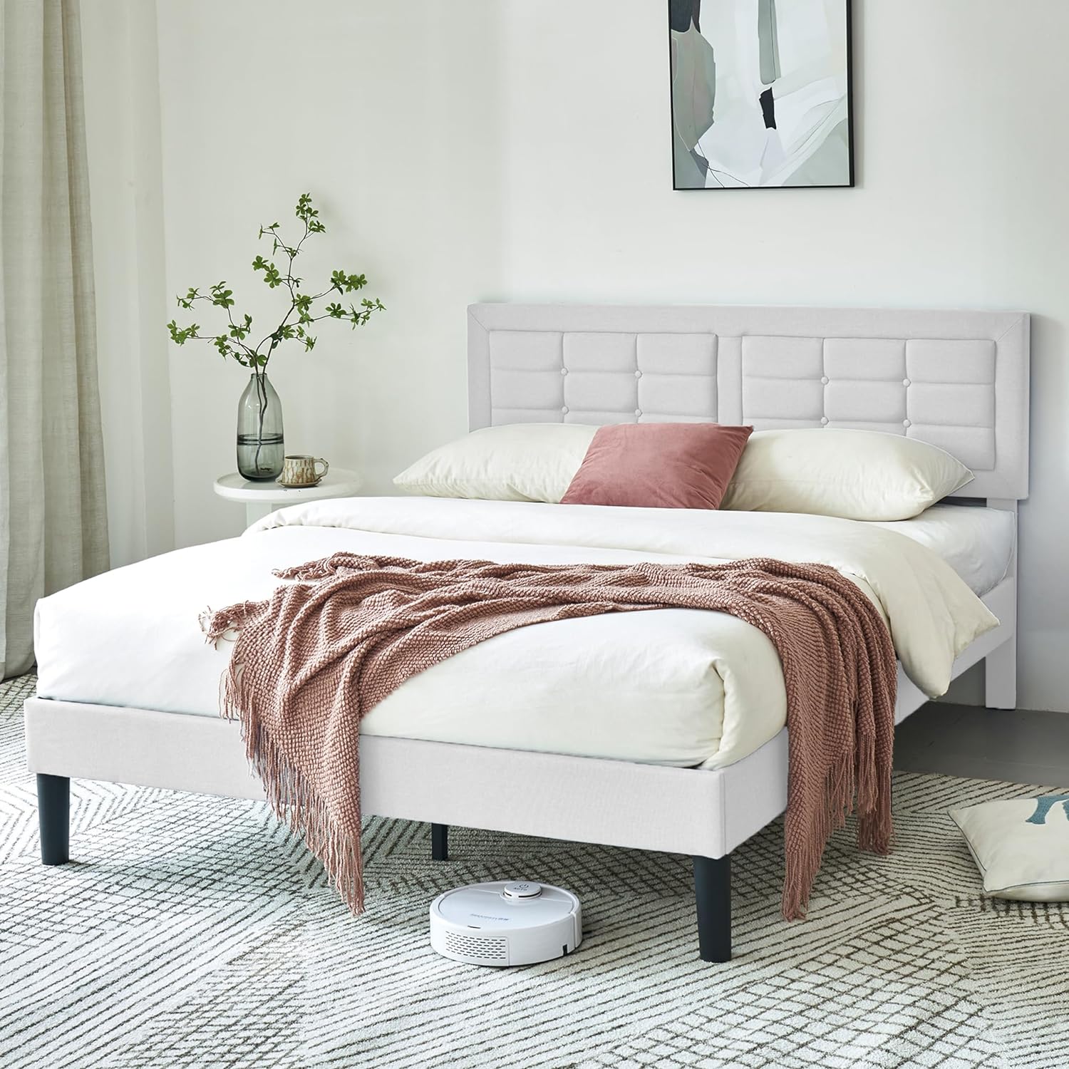 VECELO Upholstered Platform Bed Frame with Height Adjustable Headboard