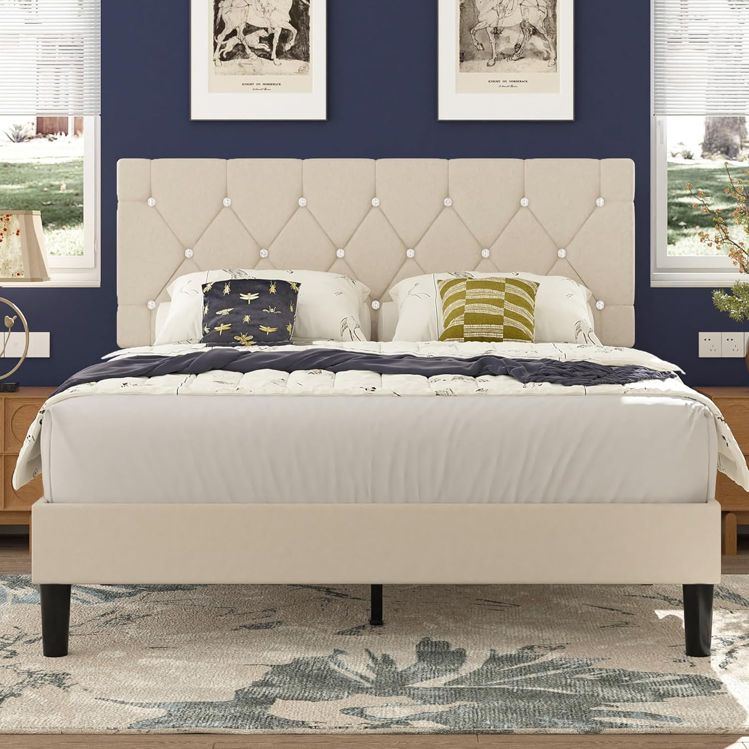 VECELO Twin Size Bed Frame, Upholstered Platform with Adjustable Diamond Tufted Headboard