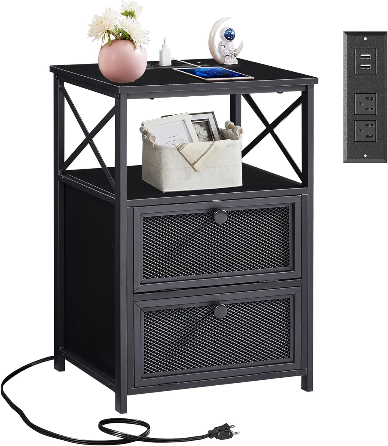 End Side Tables with Charging Station,2 Flip Drawers and USB Ports & Power Outlets