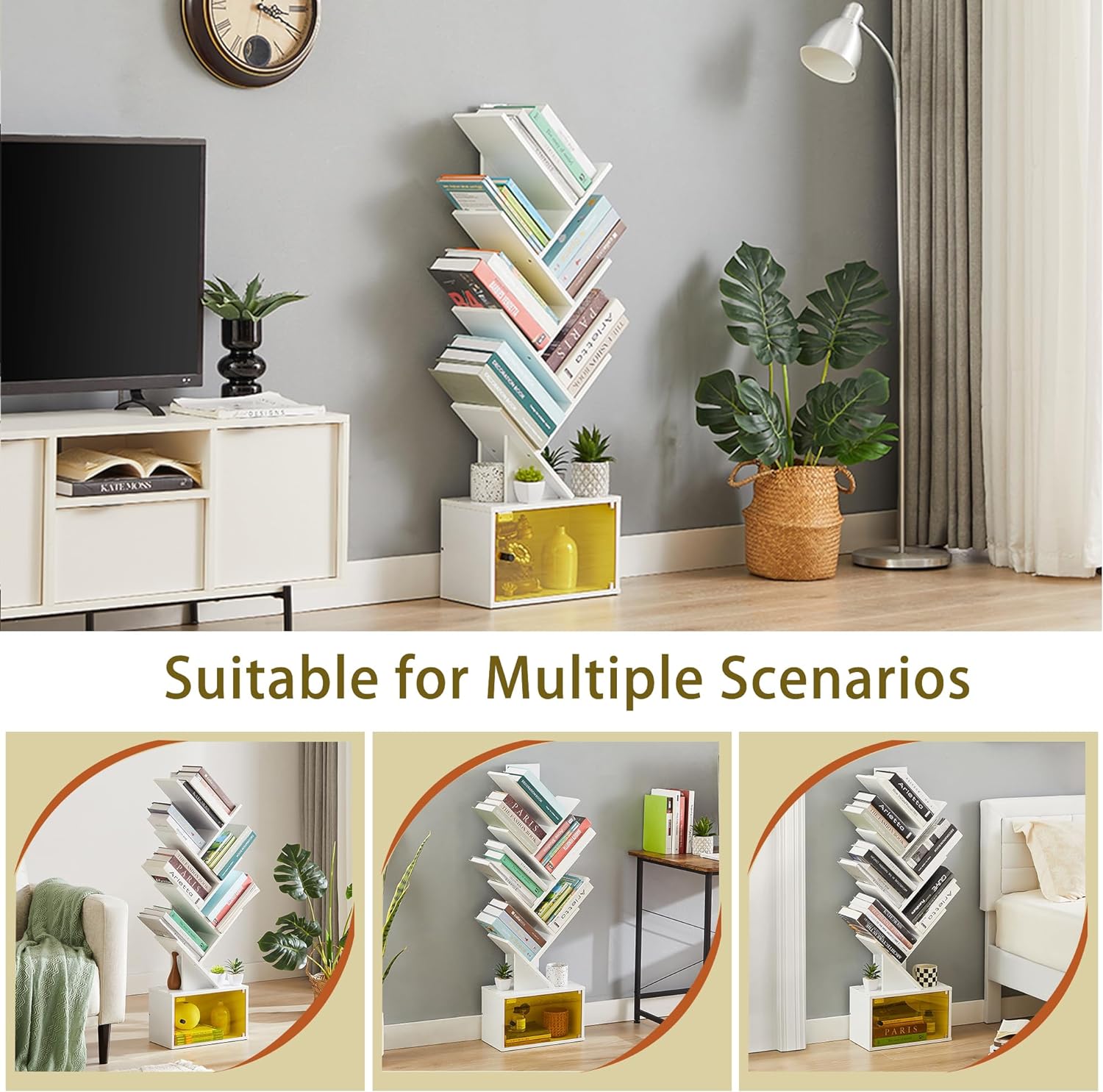 VECELO Tree Bookshelf, 7-Tier Tree Bookcase Wood Shelves Display with Storage Cabinet