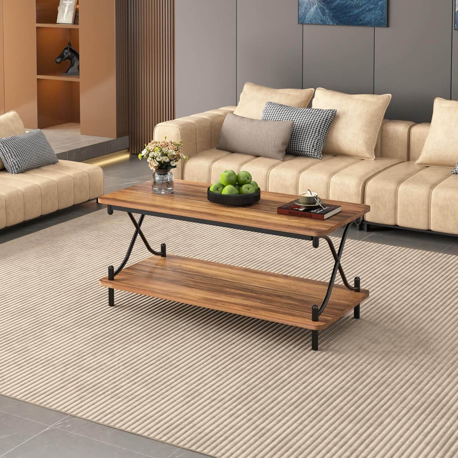 VECELO 39-Inch Coffee Table with Storage and Open Shelves - VECELO